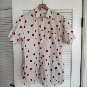 Red and White Casual Button Down Shirt with Heart Pattern